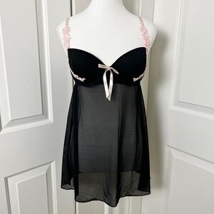 La Vie en Rose Coquette Pink Lace Ribbon Black Sheer Push-up Babydoll-Medium